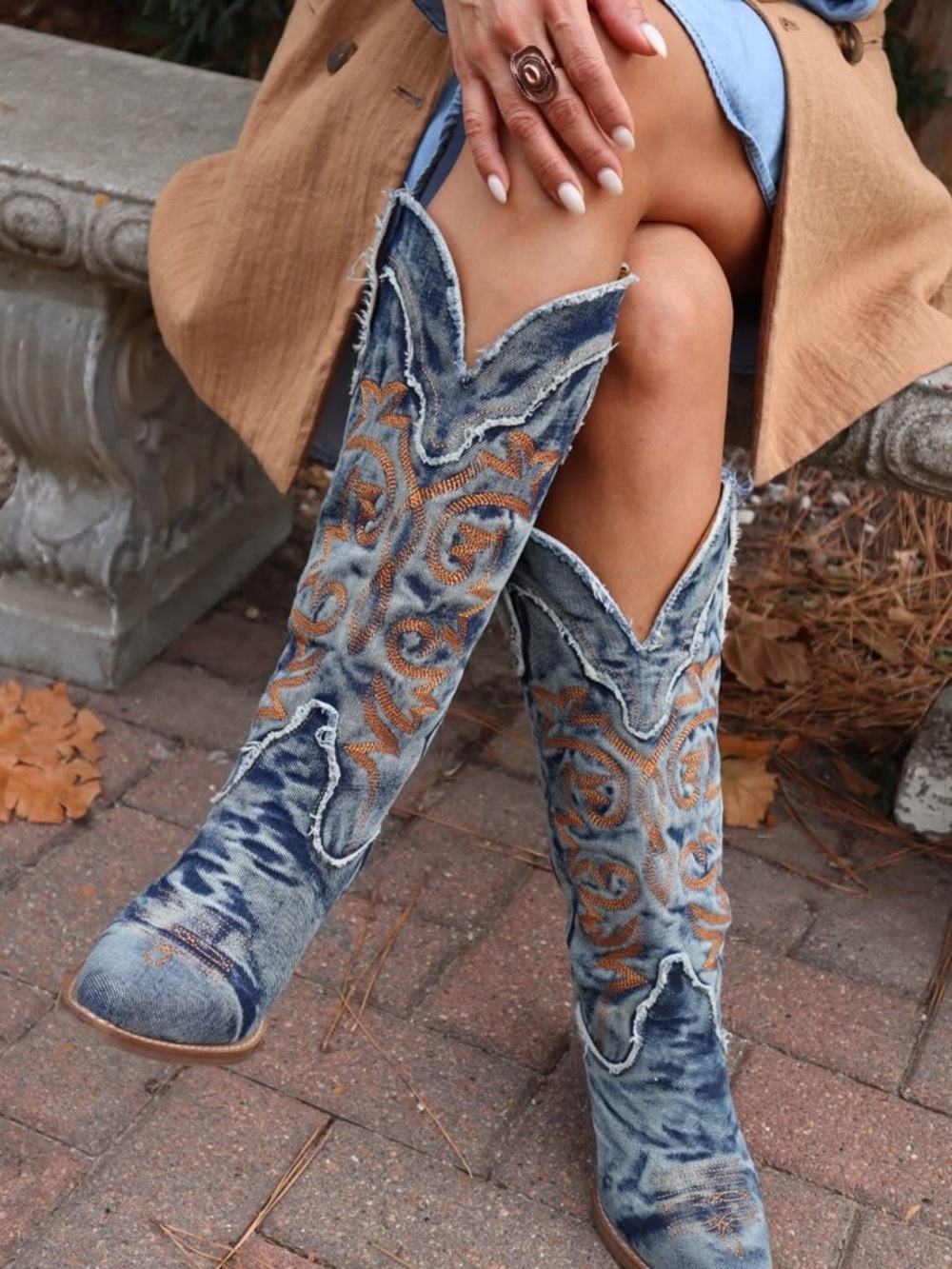dingo Distressed Denim Cowboy Boots with Brown Embroidery